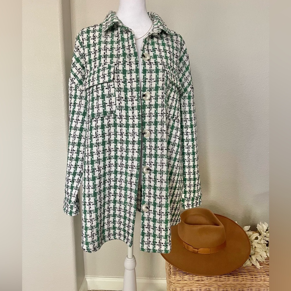 Clueless Preppy Kelley Green Tweed Shacket - Picture 2 of 7